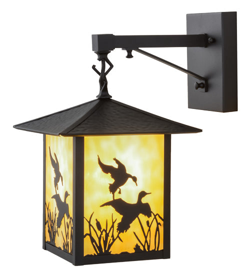 Meyda Lighting Seneca 9" Black Ducks in Flight Hanging Wall Sconce With Beige Art Shade Glass