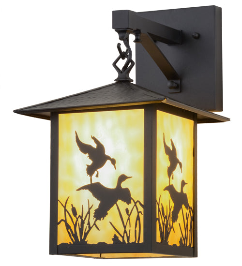 Meyda Lighting Seneca 9" Black Ducks in Flight Hanging Wall Sconce With Beige Art Shade Glass