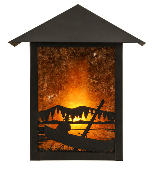 Meyda Lighting Seneca 9" Craftsman Brown Canoe At Lake Wall Sconce With Amber Mica Shade Glass