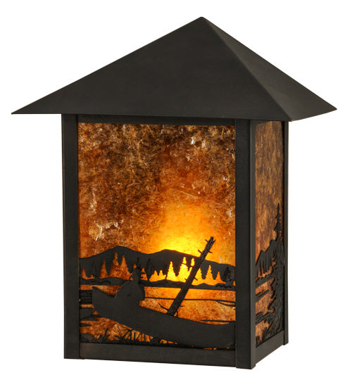 Meyda Lighting Seneca 9" Craftsman Brown Canoe At Lake Wall Sconce With Amber Mica Shade Glass