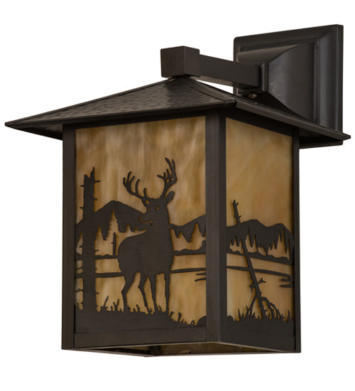 Meyda Lighting Seneca 9" Craftsman Brown Deer at Lake Solid Mount Wall Sconce With Beige Art Shade Glass