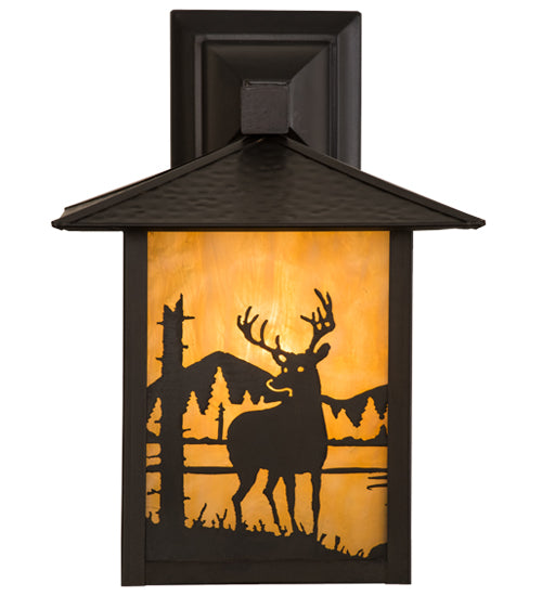 Meyda Lighting Seneca 9" Craftsman Brown Deer at Lake Solid Mount Wall Sconce With Beige Art Shade Glass