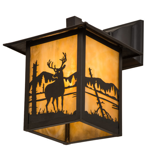 Meyda Lighting Seneca 9" Craftsman Brown Deer at Lake Solid Mount Wall Sconce With Beige Art Shade Glass