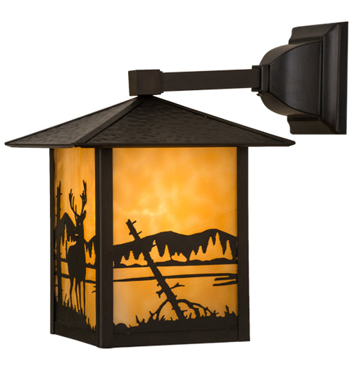 Meyda Lighting Seneca 9" Craftsman Brown Deer at Lake Solid Mount Wall Sconce With Beige Art Shade Glass