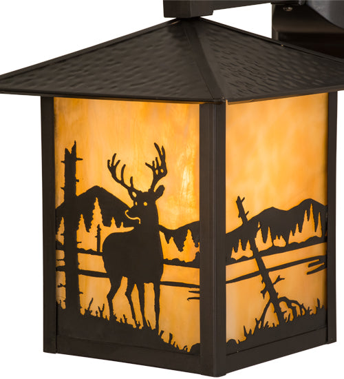 Meyda Lighting Seneca 9" Craftsman Brown Deer at Lake Solid Mount Wall Sconce With Beige Art Shade Glass