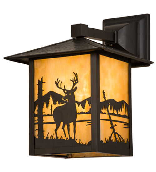 Meyda Lighting Seneca 9" Craftsman Brown Deer at Lake Solid Mount Wall Sconce With Beige Art Shade Glass