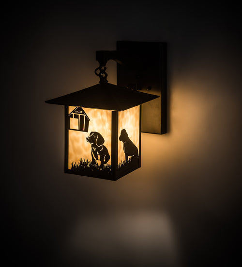 Meyda Lighting Seneca 9" Craftsman Brown Dog Straight Arm Wall Sconce With Beige Shade Glass