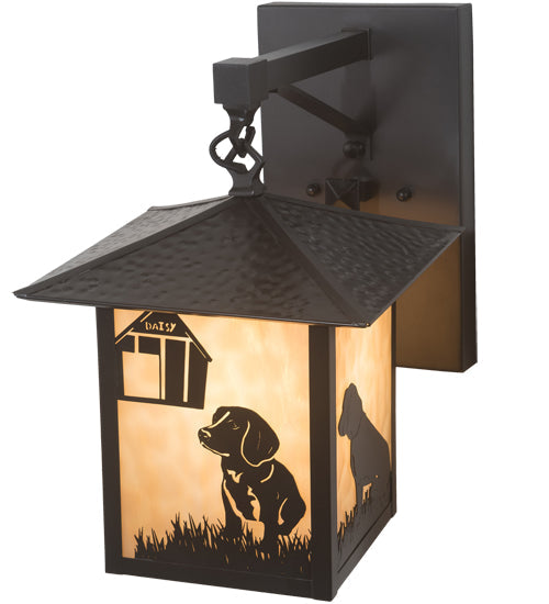 Meyda Lighting Seneca 9" Craftsman Brown Dog Straight Arm Wall Sconce With Beige Shade Glass
