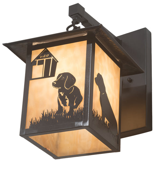 Meyda Lighting Seneca 9" Craftsman Brown Dog Straight Arm Wall Sconce With Beige Shade Glass