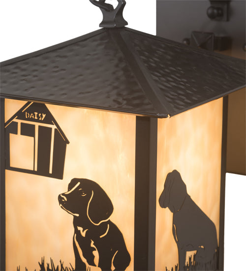 Meyda Lighting Seneca 9" Craftsman Brown Dog Straight Arm Wall Sconce With Beige Shade Glass