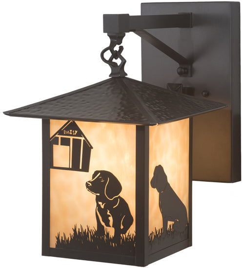 Meyda Lighting Seneca 9" Craftsman Brown Dog Straight Arm Wall Sconce With Beige Shade Glass