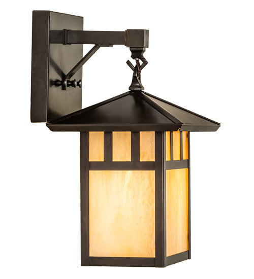 Meyda Lighting Seneca 9" Craftsman Brown Double Bar Mission Wall Sconce With Beige Iridescent Shade Glass