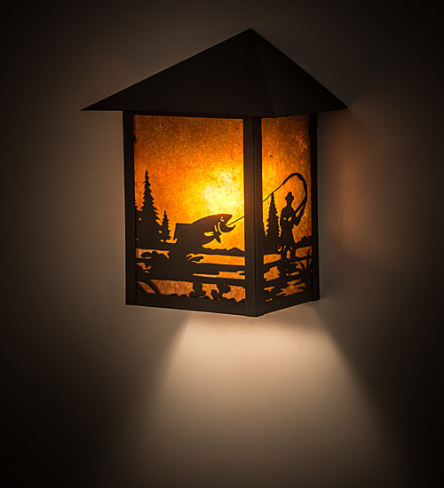 Meyda Lighting Seneca 9" Craftsman Brown Fly Fisherman Wall Sconce With Amber Mica Shade Glass