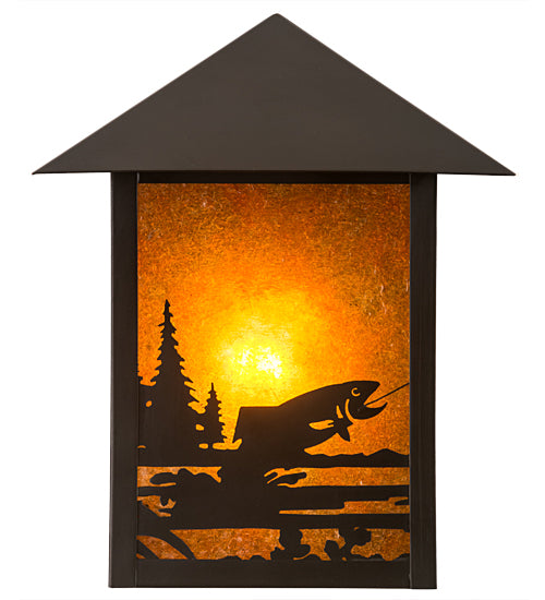 Meyda Lighting Seneca 9" Craftsman Brown Fly Fisherman Wall Sconce With Amber Mica Shade Glass