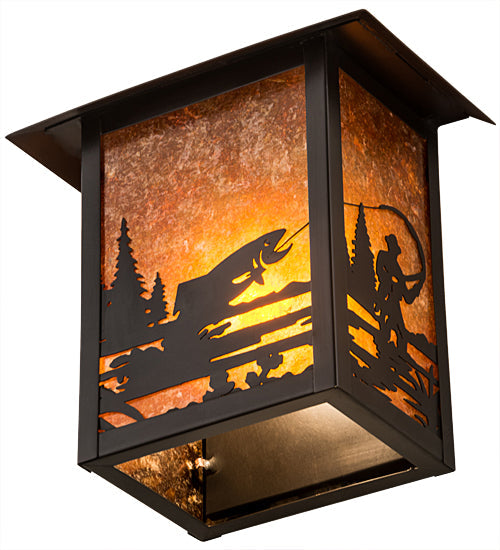 Meyda Lighting Seneca 9" Craftsman Brown Fly Fisherman Wall Sconce With Amber Mica Shade Glass