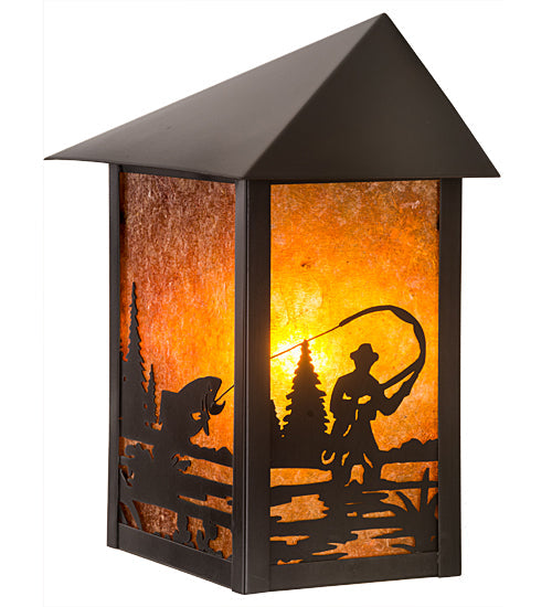 Meyda Lighting Seneca 9" Craftsman Brown Fly Fisherman Wall Sconce With Amber Mica Shade Glass