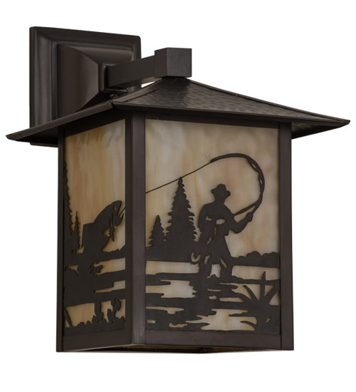 Meyda Lighting Seneca 9" Craftsman Brown Fly Fisherman Wall Sconce With Beige Art Shade Glass