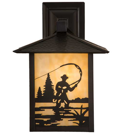 Meyda Lighting Seneca 9" Craftsman Brown Fly Fisherman Wall Sconce With Beige Art Shade Glass