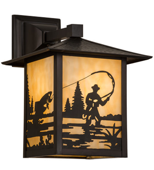 Meyda Lighting Seneca 9" Craftsman Brown Fly Fisherman Wall Sconce With Beige Art Shade Glass