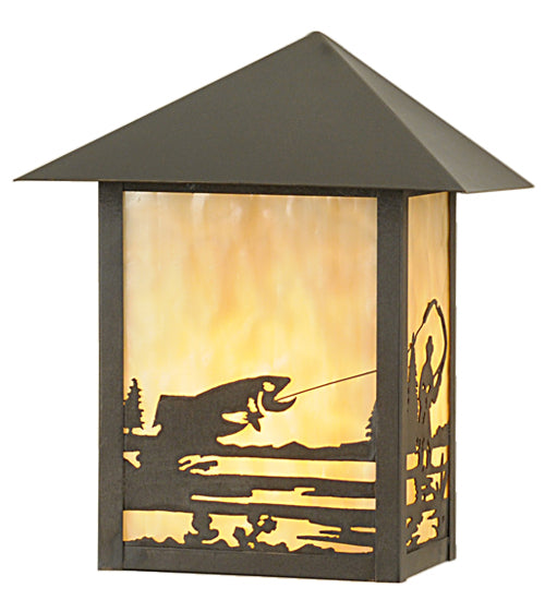 Meyda Lighting Seneca 9" Craftsman Brown Fly Fishing Creek Wall Sconce With Beige Shade Glass