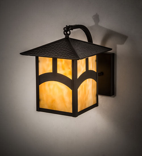 Meyda Lighting Seneca 9" Craftsman Brown Hill Top Curved Arm Wall Sconce With Beige Art Shade Glass