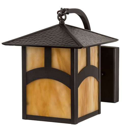 Meyda Lighting Seneca 9" Craftsman Brown Hill Top Curved Arm Wall Sconce With Beige Art Shade Glass