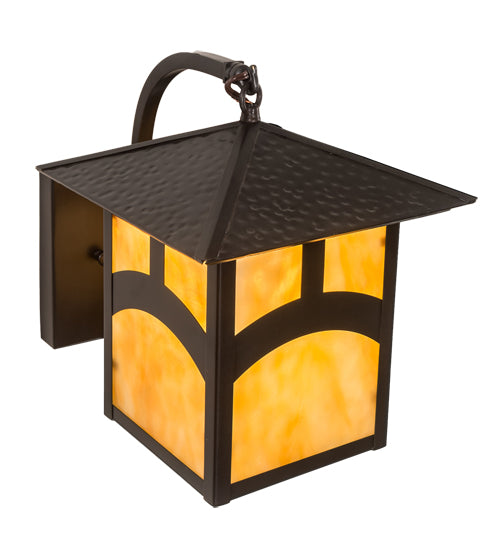 Meyda Lighting Seneca 9" Craftsman Brown Hill Top Curved Arm Wall Sconce With Beige Art Shade Glass