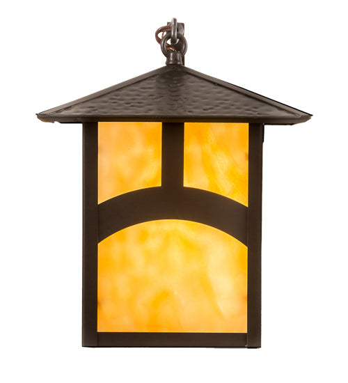 Meyda Lighting Seneca 9" Craftsman Brown Hill Top Curved Arm Wall Sconce With Beige Art Shade Glass