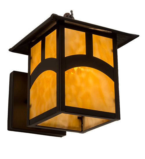 Meyda Lighting Seneca 9" Craftsman Brown Hill Top Curved Arm Wall Sconce With Beige Art Shade Glass