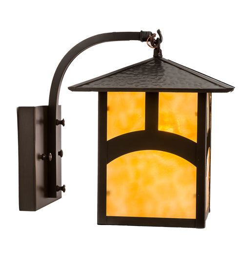 Meyda Lighting Seneca 9" Craftsman Brown Hill Top Curved Arm Wall Sconce With Beige Art Shade Glass