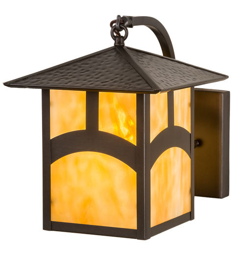 Meyda Lighting Seneca 9" Craftsman Brown Hill Top Curved Arm Wall Sconce With Beige Art Shade Glass