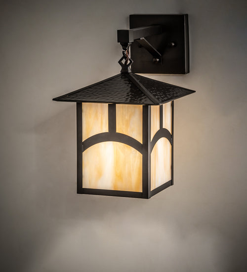 Meyda Lighting Seneca 9" Craftsman Brown Hill Top Wall Sconce With Beige Iridescent Shade Glass