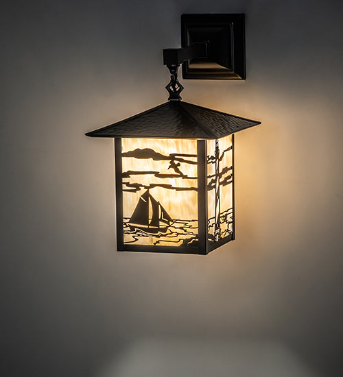 Meyda Lighting Seneca 9" Craftsman Brown Lighthouse Hanging Wall Sconce With Beige Art Shade Glass