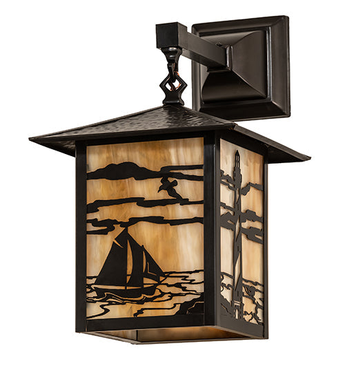 Meyda Lighting Seneca 9" Craftsman Brown Lighthouse Hanging Wall Sconce With Beige Art Shade Glass