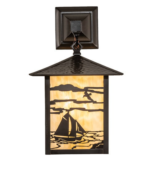 Meyda Lighting Seneca 9" Craftsman Brown Lighthouse Hanging Wall Sconce With Beige Art Shade Glass