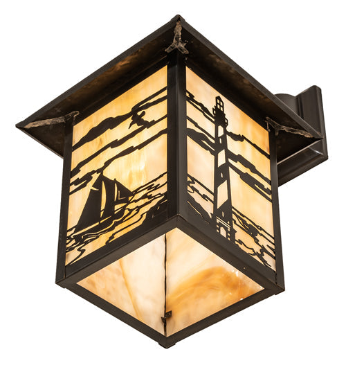 Meyda Lighting Seneca 9" Craftsman Brown Lighthouse Hanging Wall Sconce With Beige Art Shade Glass