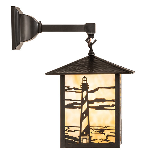 Meyda Lighting Seneca 9" Craftsman Brown Lighthouse Hanging Wall Sconce With Beige Art Shade Glass