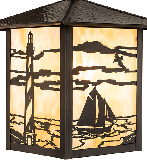 Meyda Lighting Seneca 9" Craftsman Brown Lighthouse Hanging Wall Sconce With Beige Art Shade Glass