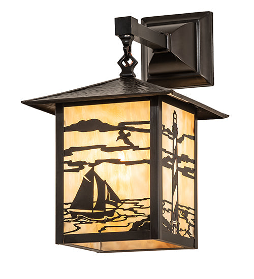 Meyda Lighting Seneca 9" Craftsman Brown Lighthouse Hanging Wall Sconce With Beige Art Shade Glass