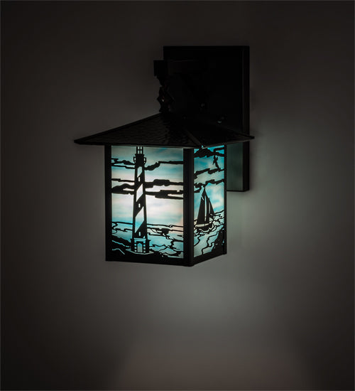 Meyda Lighting Seneca 9" Craftsman Brown Lighthouse Sailboat Wall Sconce With Sky Blue Shade Glass