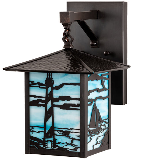 Meyda Lighting Seneca 9" Craftsman Brown Lighthouse Sailboat Wall Sconce With Sky Blue Shade Glass