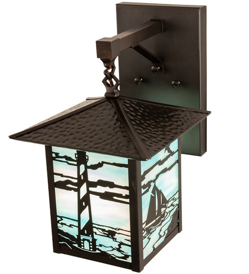 Meyda Lighting Seneca 9" Craftsman Brown Lighthouse Sailboat Wall Sconce With Sky Blue Shade Glass