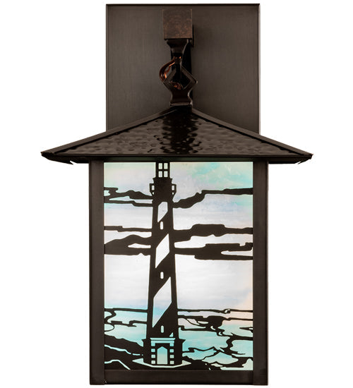 Meyda Lighting Seneca 9" Craftsman Brown Lighthouse Sailboat Wall Sconce With Sky Blue Shade Glass