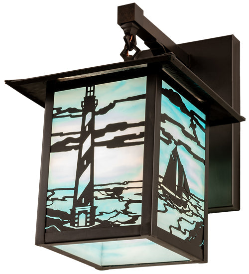 Meyda Lighting Seneca 9" Craftsman Brown Lighthouse Sailboat Wall Sconce With Sky Blue Shade Glass