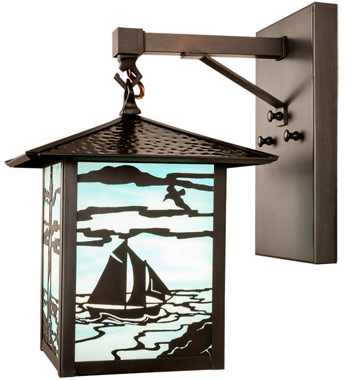 Meyda Lighting Seneca 9" Craftsman Brown Lighthouse Sailboat Wall Sconce With Sky Blue Shade Glass