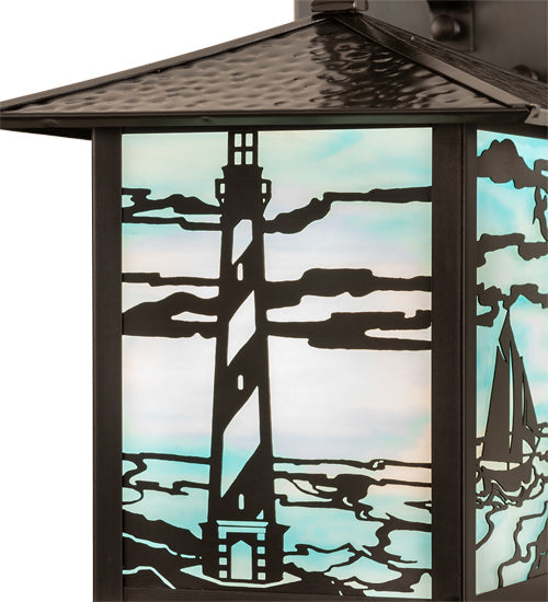 Meyda Lighting Seneca 9" Craftsman Brown Lighthouse Sailboat Wall Sconce With Sky Blue Shade Glass