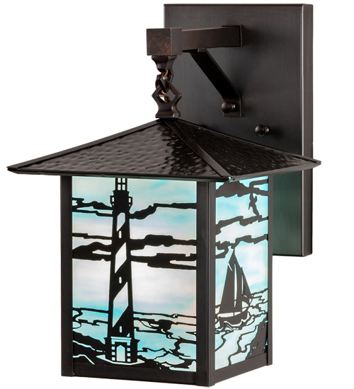 Meyda Lighting Seneca 9" Craftsman Brown Lighthouse Sailboat Wall Sconce With Sky Blue Shade Glass
