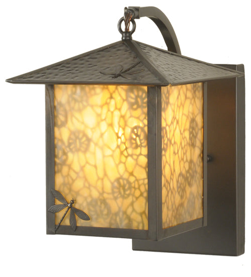 Meyda Lighting Seneca 9" Craftsman Brown Lotus Leaf & Dragonfly Curved Wall Sconce With Beige Art Shade Glass