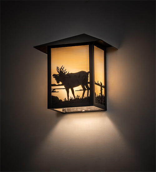 Meyda Lighting Seneca 9" Craftsman Brown Moose Wall Sconce With Beige Art Shade Glass