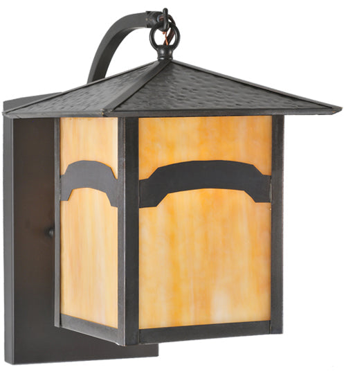 Meyda Lighting Seneca 9" Craftsman Brown Mountain View Curved Arm Wall Sconce With Beige Art Shade Glass